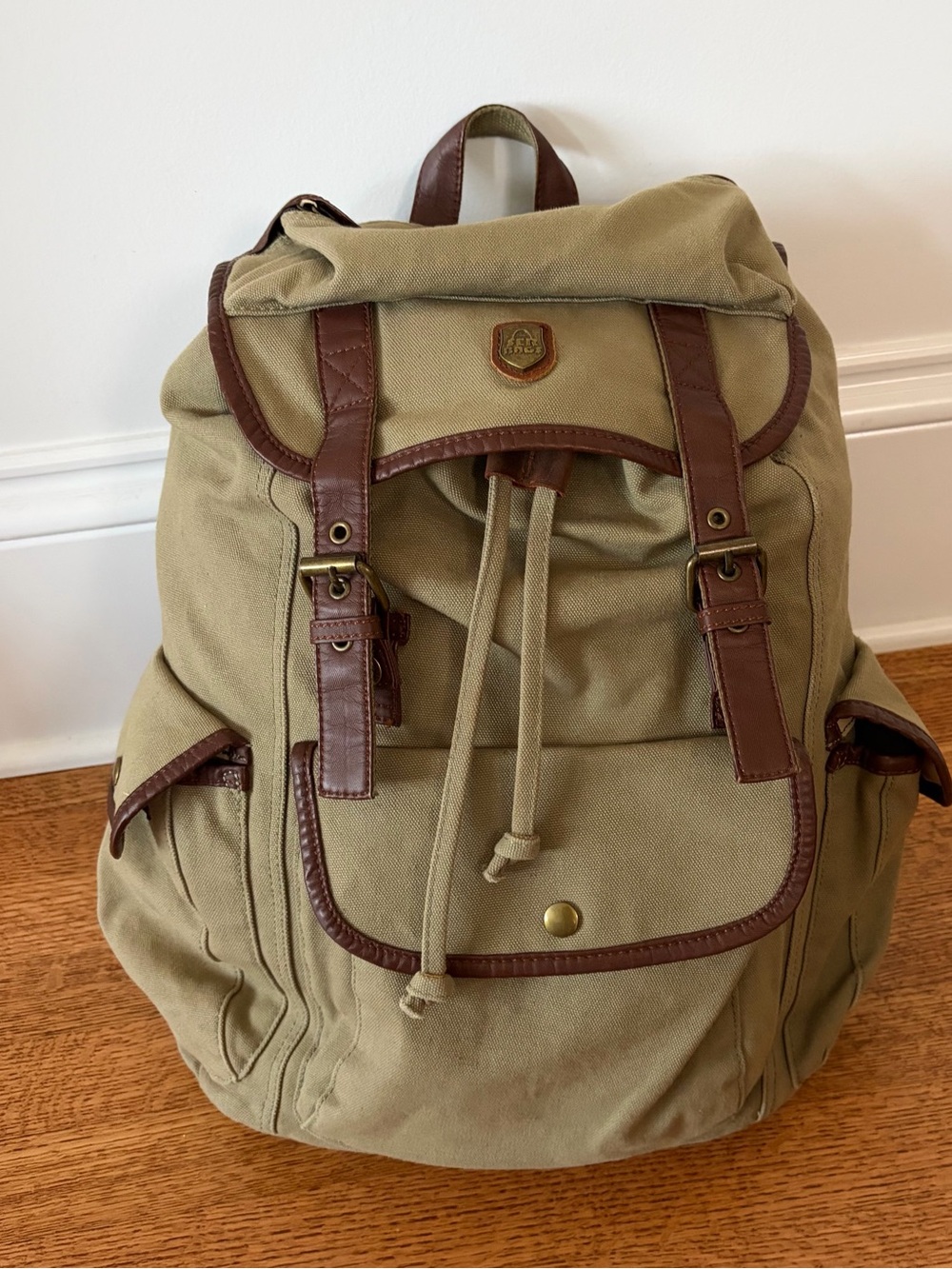 Serbags Washed Vintage-Looking Fashion Canvas Backpack Bag Leather Trim Beige